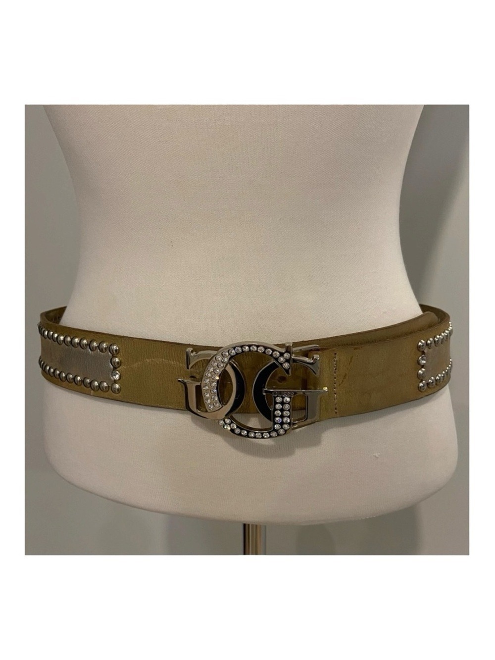 GUESS Rhinestone Logo Belt Genuine Leather Champagne Metallic Y2K